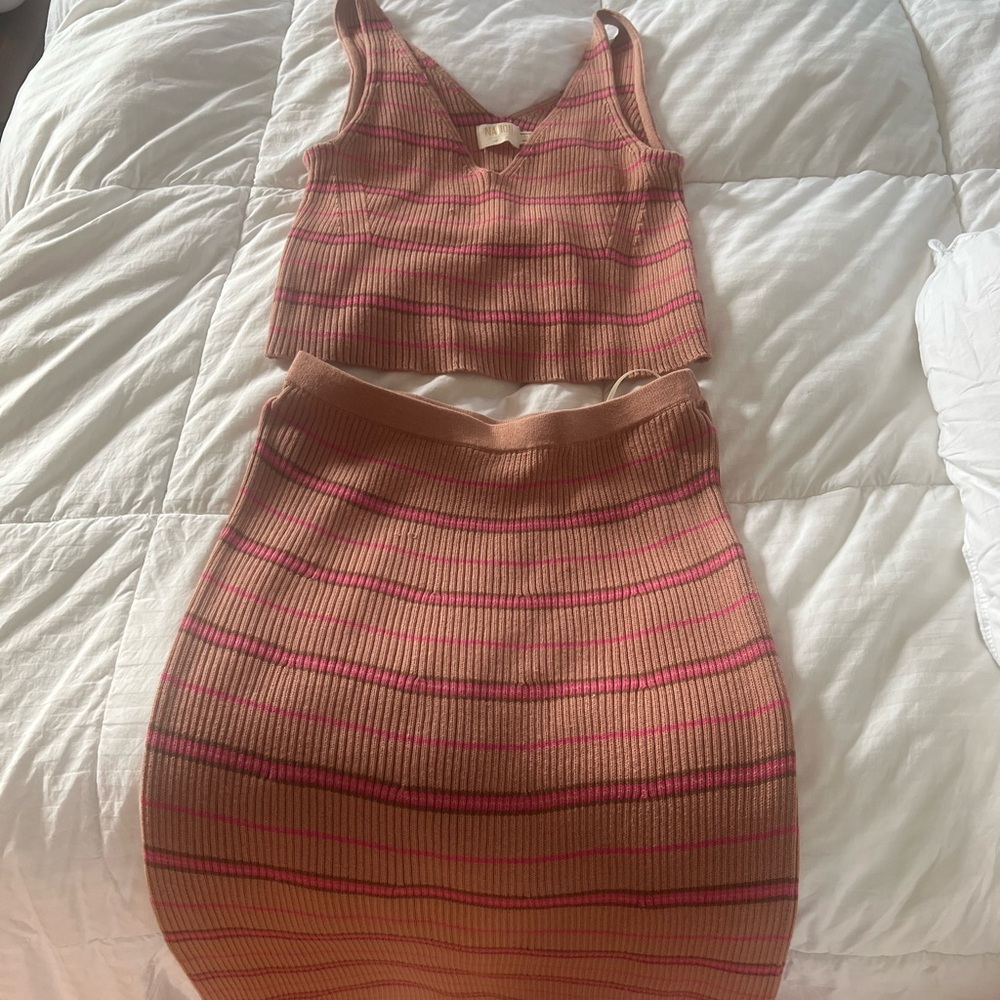 Nation LTD Pink and Tan Striped Midi skirt and top set
